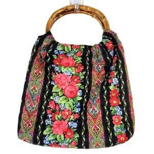 Quilted Purse Women's Floral Pattern Bamboo Circle Handled Grandma Cottagecore